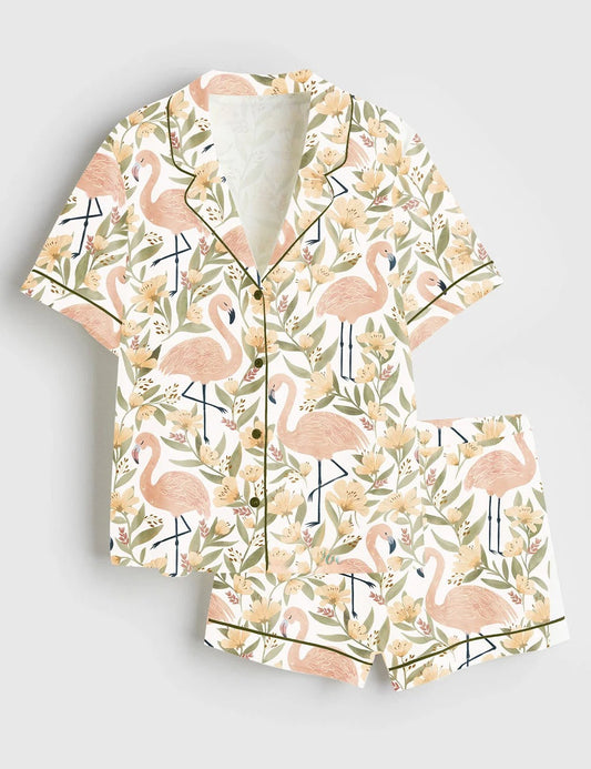 Women's Flamingos Floral Pattern Short Sleeve Satin Pajama Set