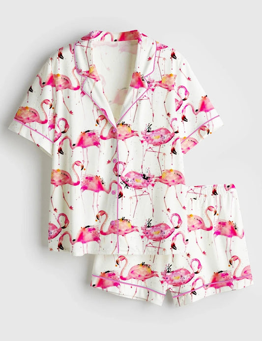 Women's Flamingos Floral Pattern Short Sleeve Satin Pajama Set (Copy)