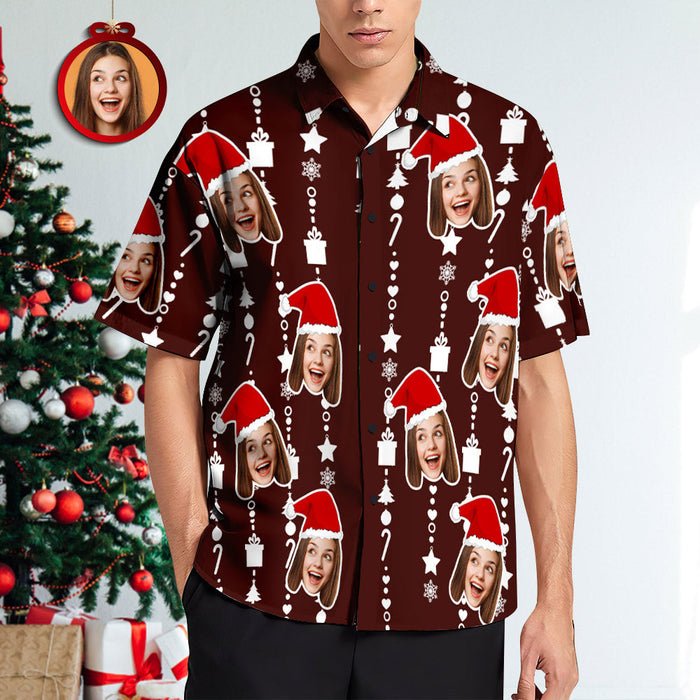 Custom Face Hawaiian Shirts for Men Personalised Photo Fun Christmas Shirts Gift for Men Casual Button-Down Shirt