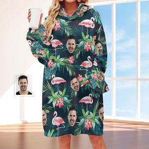 Custom Face Adult Unisex Blanket Hoodie Personalized Blanket Pajama Gift Hawaiian Flamingos