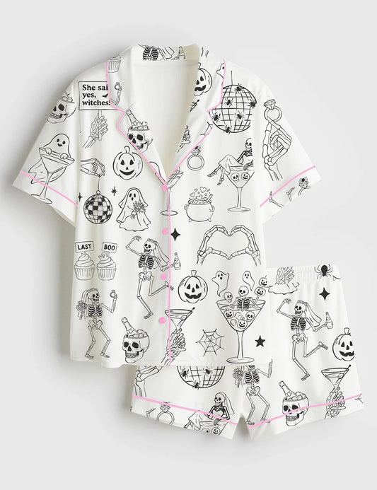 Women’s Halloween Spooky Bachelorette Til Death Do Us Whimsical Wedding Party Print Short Sleeve Satin Pajama Set