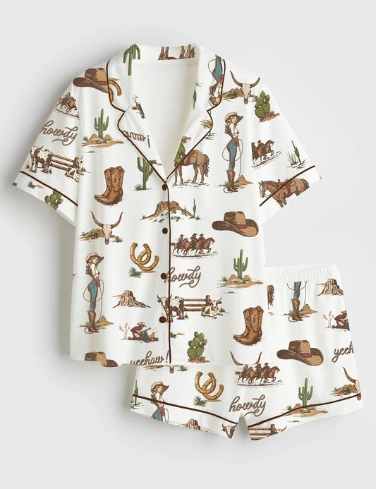 Women’s Rustic Americana Western Vintage Cowboy Short Sleeve Satin Pajama Set