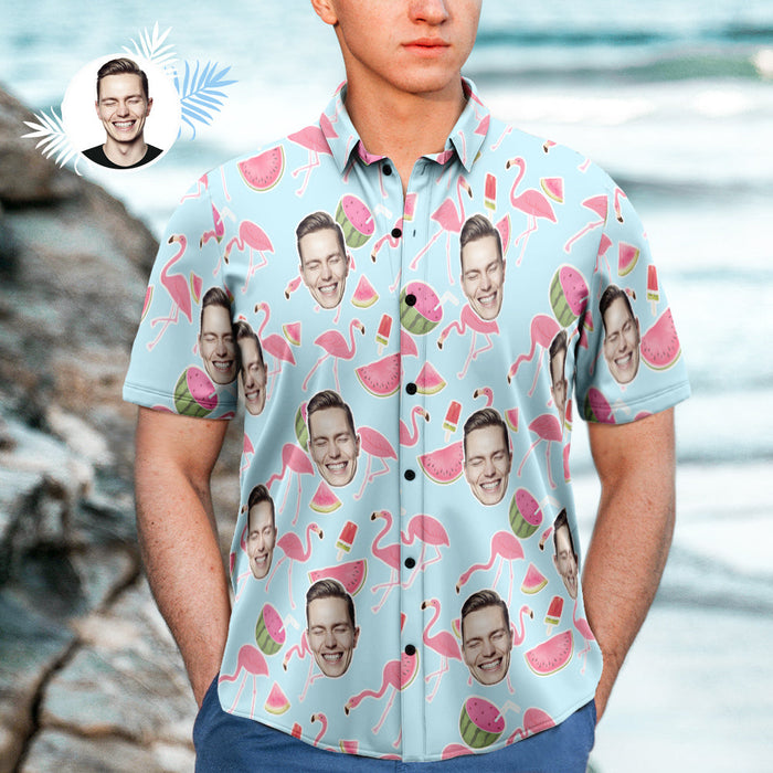 Custom Face Hawaiian Shirt Photo Gifts for Men Flamingo Watermelon Shirt
