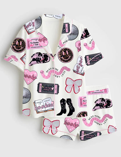 Women's Disco Ball Cherries Smiley Bookworm Long Sleeve Satin Pajama Set