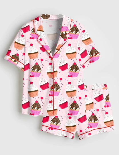 Women’s Pink Cupcake Short Sleeve Satin Pajama Set