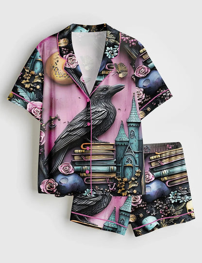 Women's Gothic Purple Bookshelf Dark Academia Witch Skull Floral Book Lover Short Sleeve Satin Pajama Set