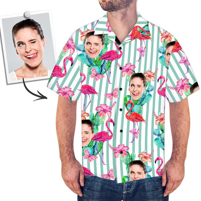 Custom Face All Over Print Stripe Hawaiian Shirt Flamingo