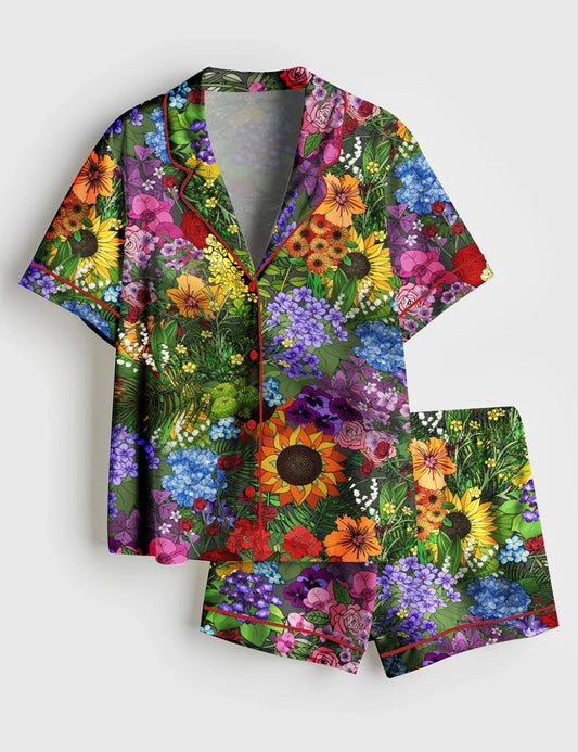 Women’s Botanic Garden Beautiful Garden Abundant Natural Scenery Short Sleeve Satin Pajama Set