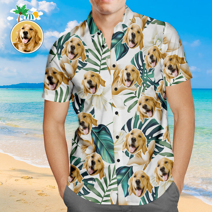 Custom Face Hawaiian Shirt White Flowers Personalized Aloha Beach Shirt for Pet Lover