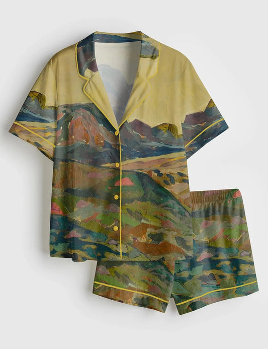 Women’s Midcentury Modern Western Landscape Vintage California Colorado Print Short Sleeve Satin Pajama Set
