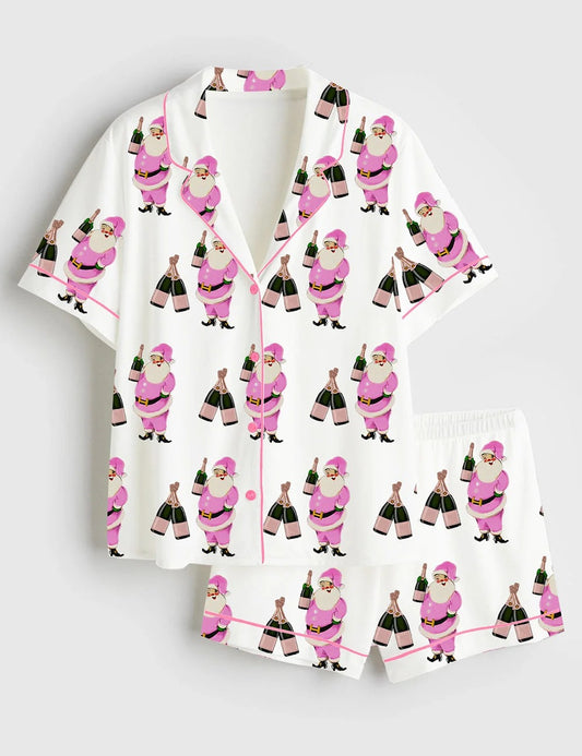 Women's Christmas Santa Short Sleeve Satin Pajama Set