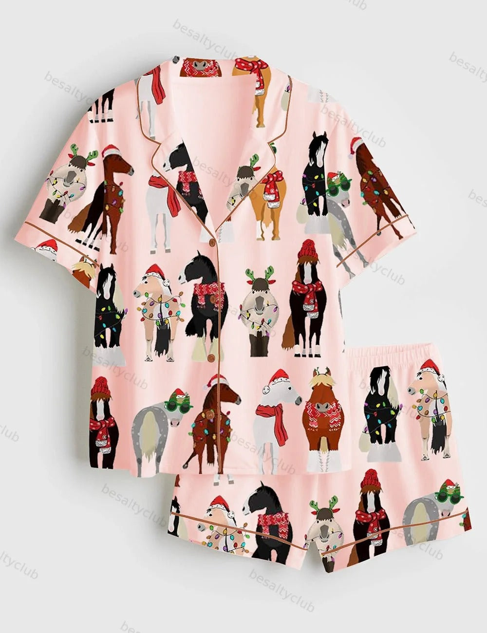 Funny Horse Christmas Short Sleeve Satin Pajama Set