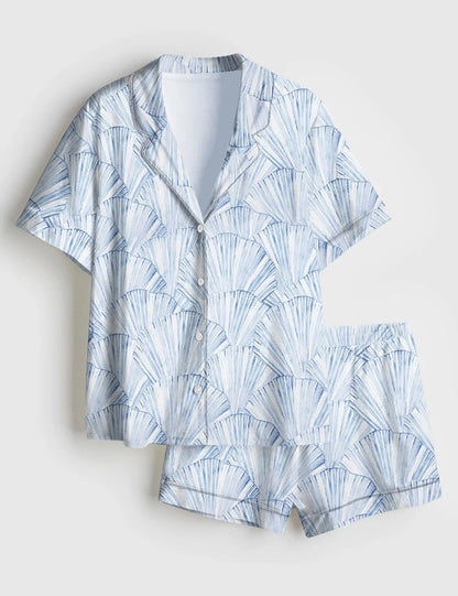 Women’s Seashell Coastal Blue Vintage Coastal Granddaughter Aesthetic Summer Beach Vibes Print Short Sleeve Satin Pajama Set