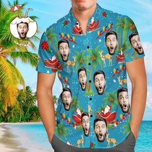 Custom Face Shirt Personalized Photo Men's Hawaiian Shirt Christmas Gift - Santa and Elk