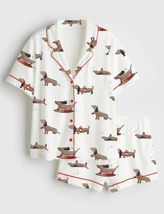 Women’s Dachshund Cute Dog Summer Print Short Sleeve Satin Pajama Set
