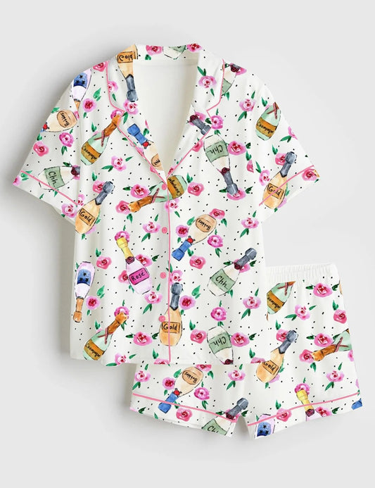 Women’s Champagne And Roses Short Sleeve Satin Pajama Set