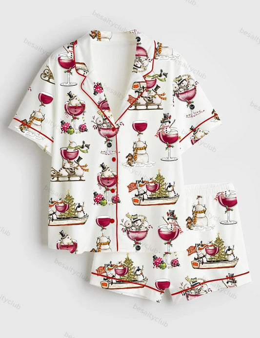 Christmas Winey Snowman Short Sleeve Satin Pajama Set