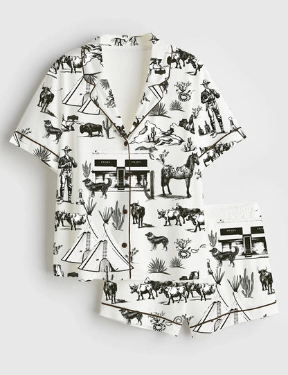 Women’s Wild West Adventure Western Cowgirl Print Short Sleeve Satin Pajama Set