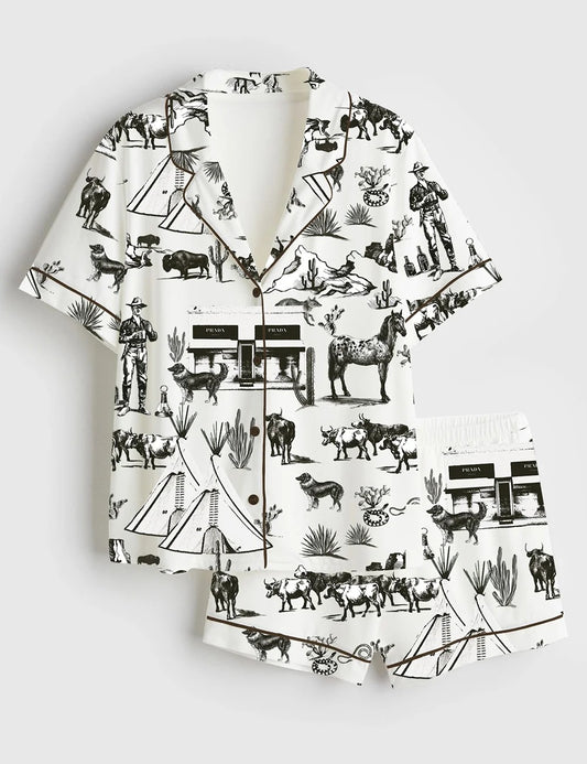 Women’s Wild West Adventure Western Cowgirl Print Short Sleeve Satin Pajama Set