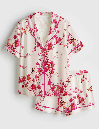 Women’s Cherry Blossom And Hummingbird Short Sleeve Satin Pajama Set