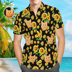 Custom Hawaiian Shirts Cat Face Sunflower Design Aloha Beach Shirt For Men