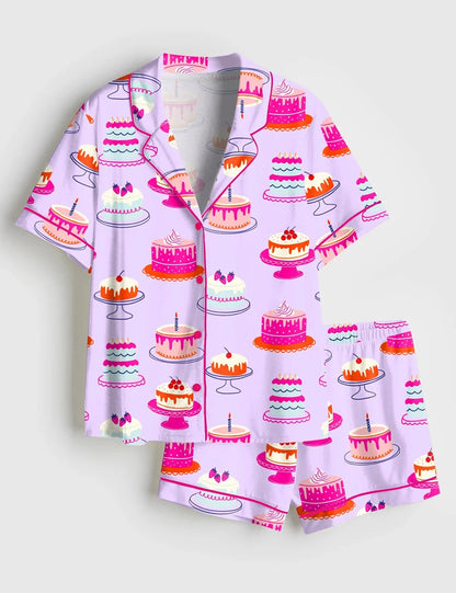 Women’s Birthday Cakes Preppy Birthday Short Sleeve Satin Pajama Set