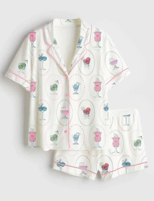 Women's Ice Cream Short  Sleeve Satin Pajama Set