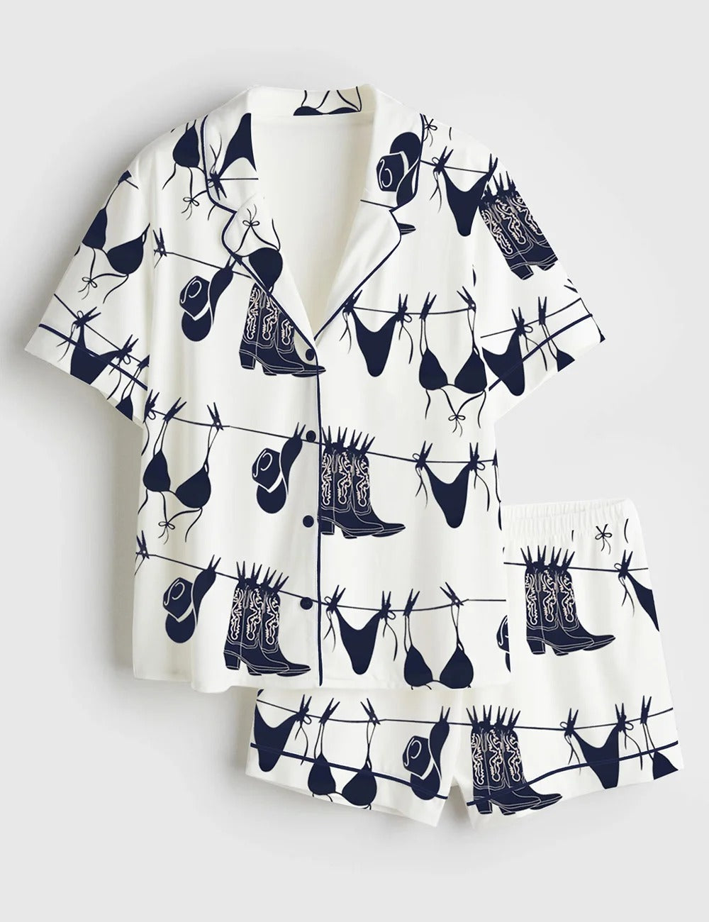 Women’s Coastal Western Cowgirl Bikini Art Print Navy Bikini Hanging Beach Print Short Sleeve Satin Pajama Set