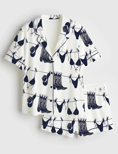 Women’s Coastal Western Cowgirl Bikini Art Print Navy Bikini Hanging Beach Print Short Sleeve Satin Pajama Set