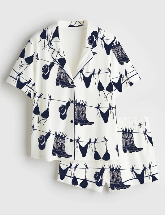 Women’s Coastal Western Cowgirl Bikini Art Print Navy Bikini Hanging Beach Print Short Sleeve Satin Pajama Set