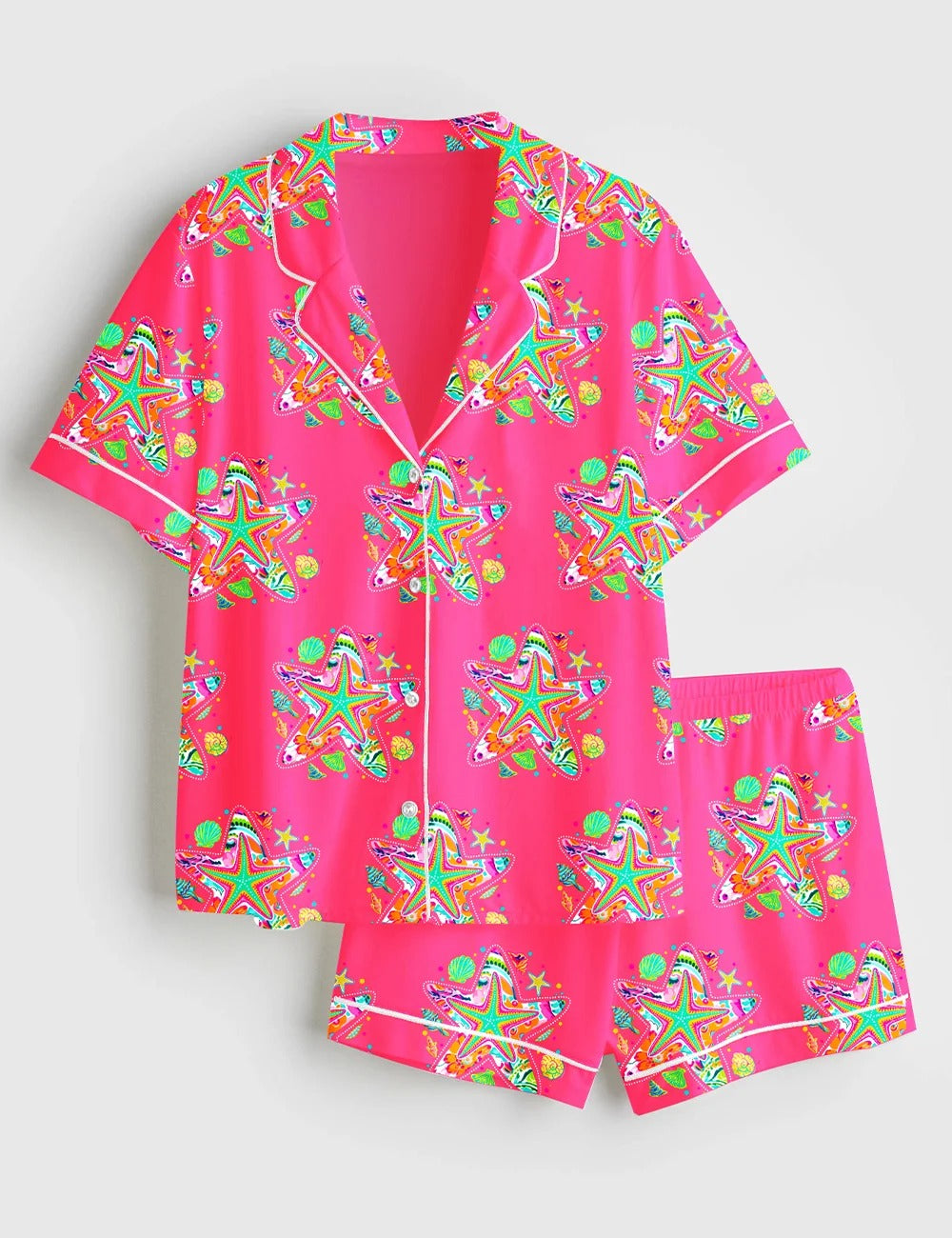 Women’s Preppy Starfish Coquette Summer Vibes Beach Short Sleeve Satin Pajama Set
