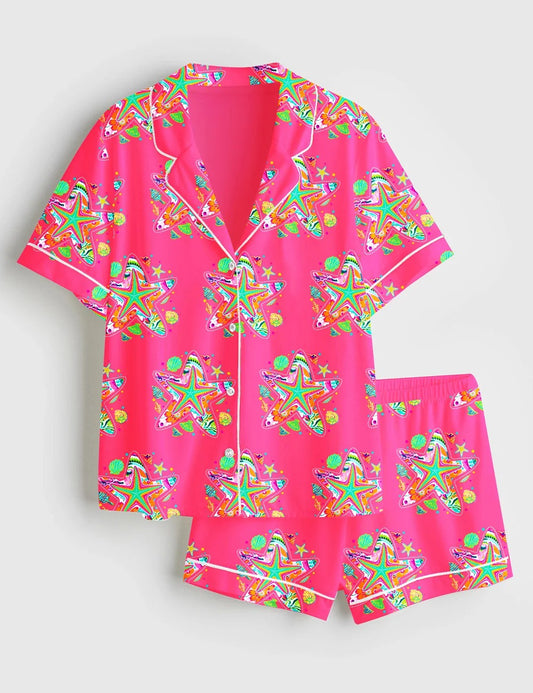 Women’s Preppy Starfish Coquette Summer Vibes Beach Short Sleeve Satin Pajama Set