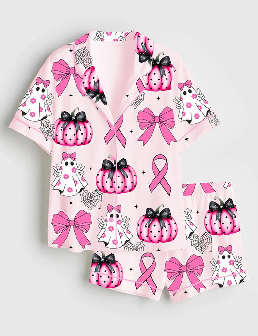Women’s Coquette Pumpkin Breast Cancer Short Sleeve Satin Pajama Set