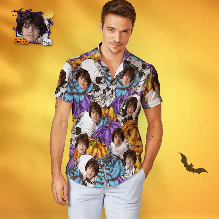 Men's Custom Face Funny Pumpkin & Skull Print Personalized Halloween Hawaiian Shirt