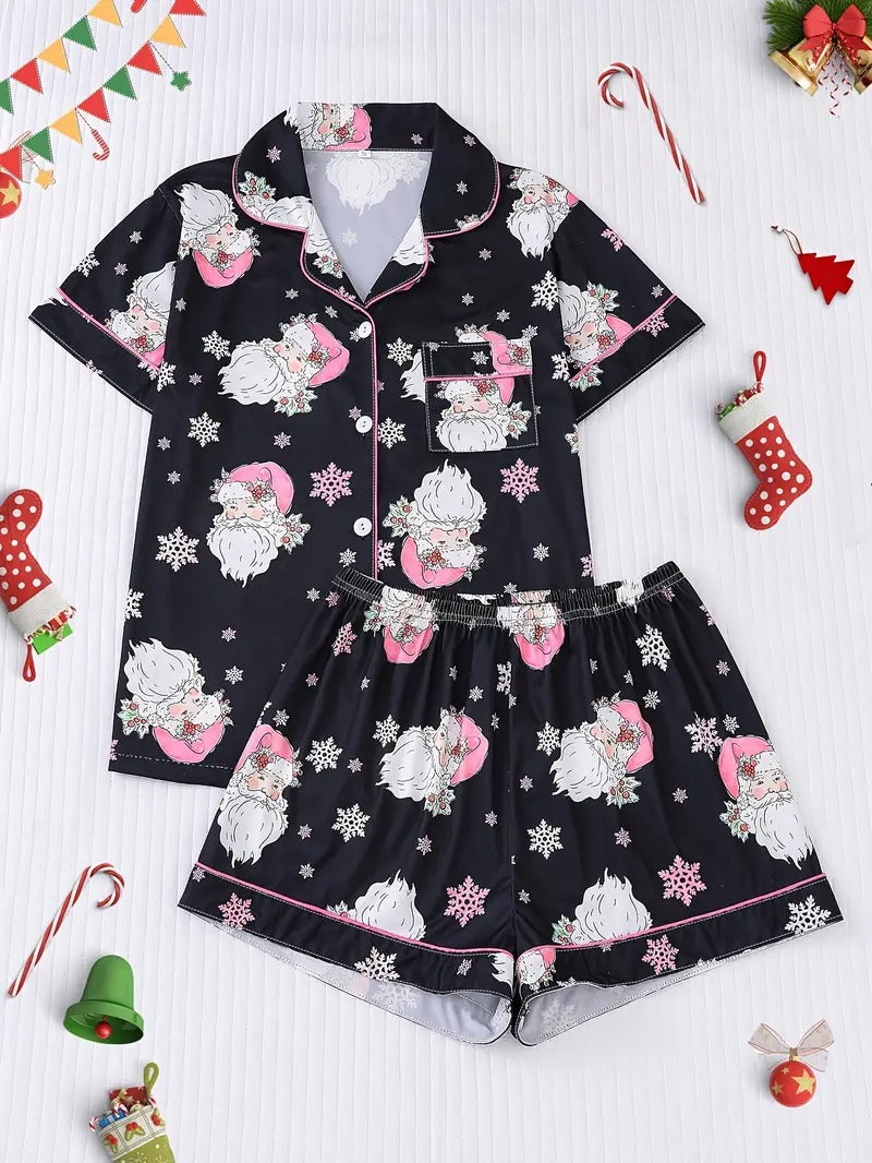 Cozy Christmas Santa Snowflake Print Short Sleeve Women's Sleepwear Set, Button-Up Shirt and Relaxed Elastic Shorts Pajama Set