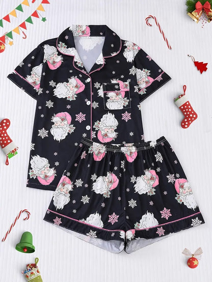 Cozy Christmas Santa Snowflake Print Short Sleeve Women's Sleepwear Set, Button-Up Shirt and Relaxed Elastic Shorts Pajama Set
