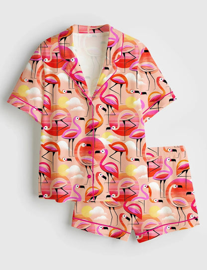 Women's Pink Flamingo Short Sleeve Satin Pajama Set