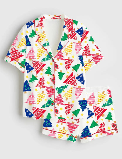 Women's Christmas Tree Short Sleeve Satin Pajama Set