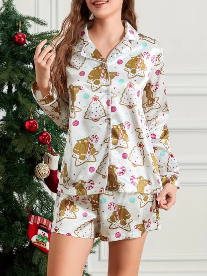Women Christmas Satin Pajama Set Gingerbread Print Long Sleeve Button-up Tops Elastic Waist Shorts 2pcs Sleepwear Outfits