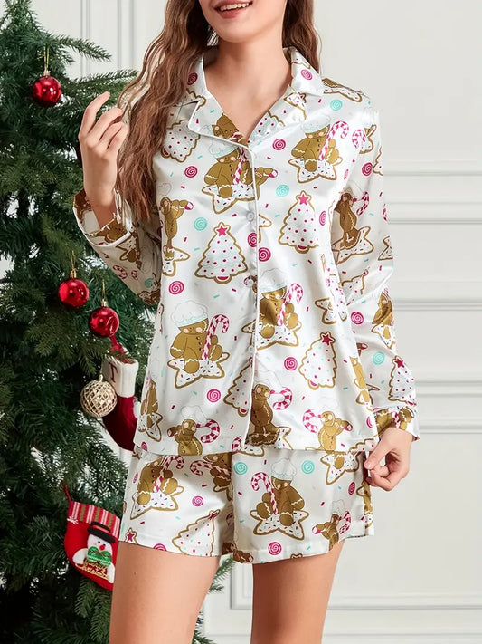 Women Christmas Satin Pajama Set Gingerbread Print Long Sleeve Button-up Tops Elastic Waist Shorts 2pcs Sleepwear Outfits