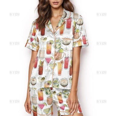 Cocktails Print Short Sleeve Satin Pajamas Set For Women, Summer PJs Party, Alcohol Gift, Girls Weekend Outfit, Gift for Cocktails Lovers