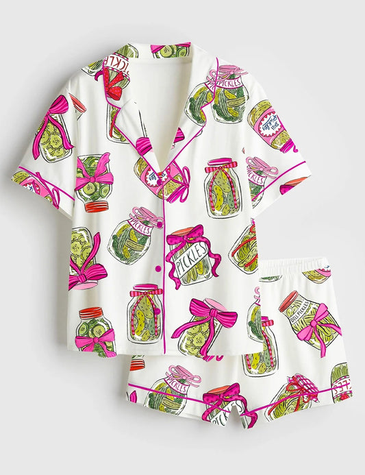 Women’s Pickle Lover Pink Bows Short Sleeve Satin Pajama Set