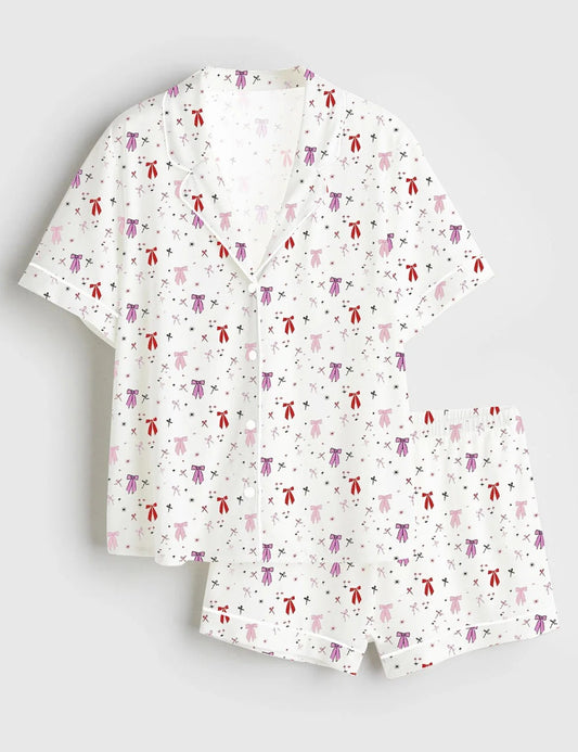 Women's Coquette Bow Short Sleeve Satin Pajama Set