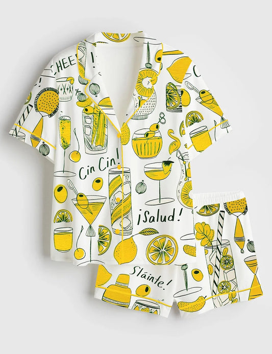 Women's Cocktail Party Cheers Salud Short Sleeve Satin Pajama Set