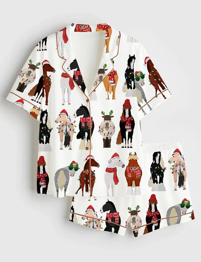 Women's Funny Horse Christmas Short Sleeve Satin Pajama Set