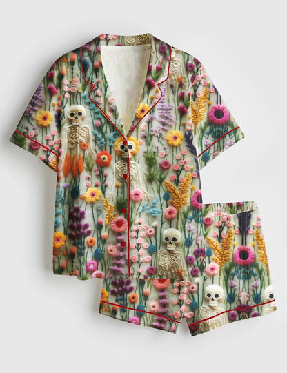 Women's Vintage Skeletons in Bloom Floral Charm Short Sleeve Satin Pajama Set
