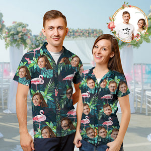 Wedding Gifts, Custom Face All Over Print Hawaiian Shirt Flamingo Flowers And Leaves