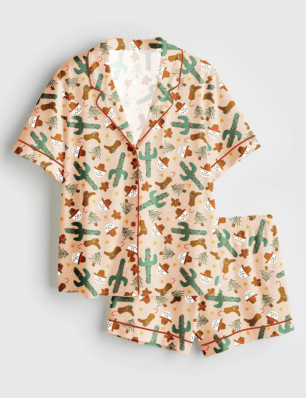 Women's Christmas Western Cowboy Boots Short Sleeve Satin Pajama Set