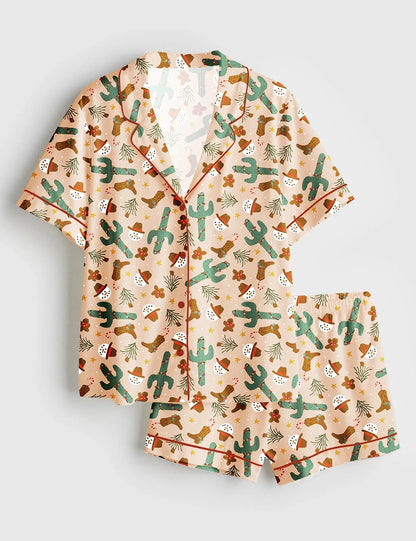 Women's Christmas Western Cowboy Boots Short Sleeve Satin Pajama Set