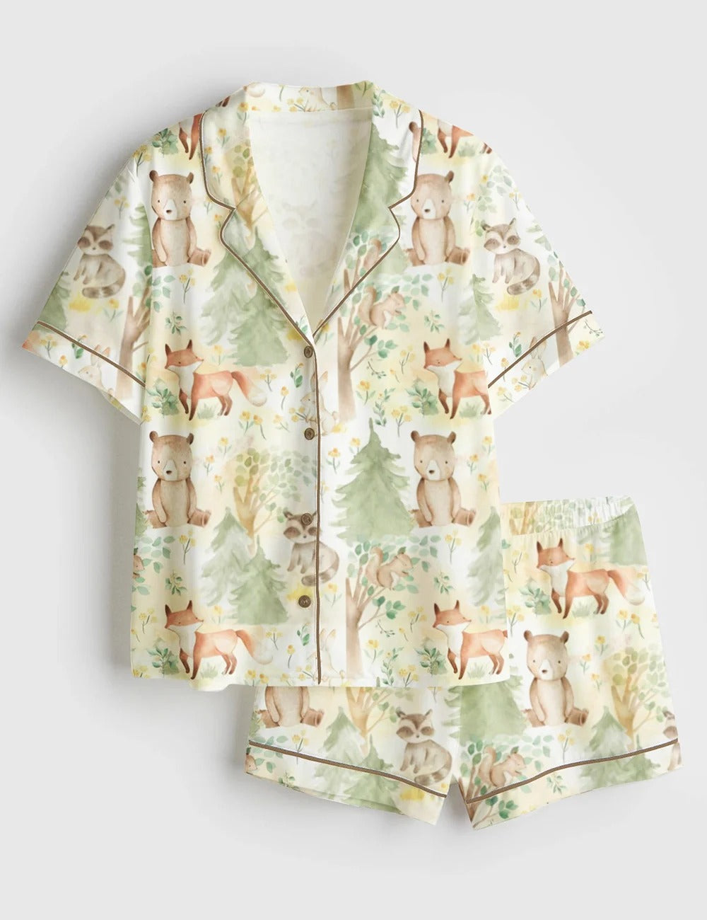 Women’s Forest Nursery Nature Woodland Animals Friends Baby Fox, Bear, Squirrel, Raccoon, And Bunny Short Sleeve Satin Pajama Set